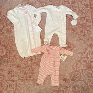 NWT adorable starting out baby girls newborn gown, footie and romper bundle!